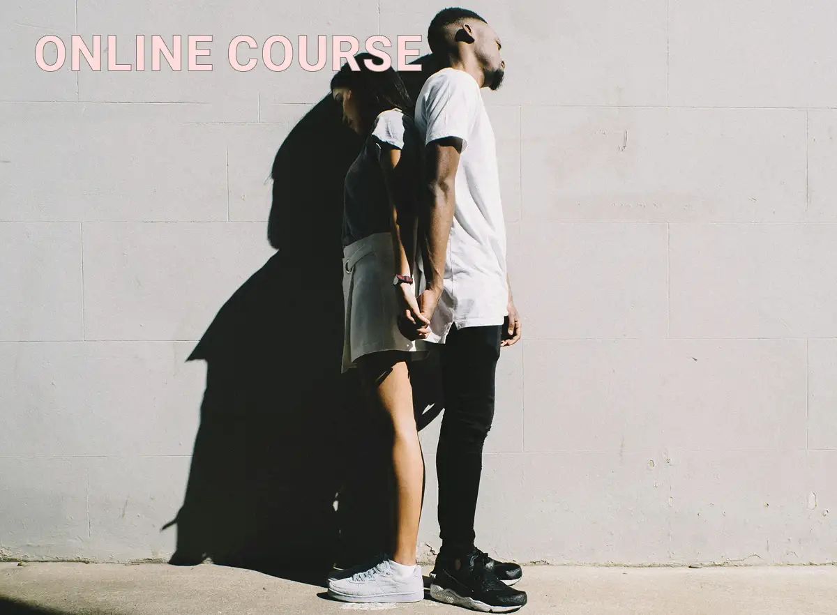 couple standing back to back with the words online course