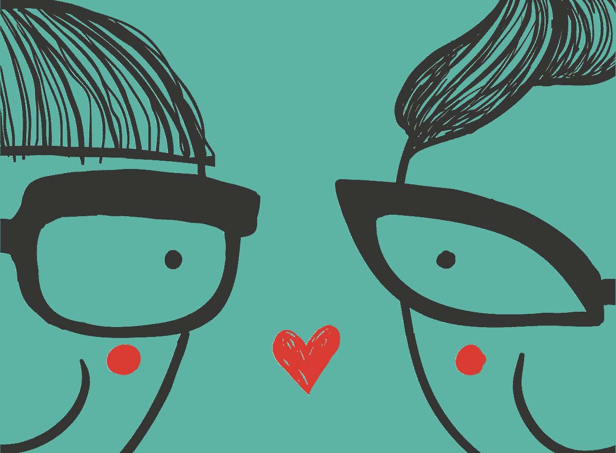 Cartoon couple smiling at each other with a heart in the air between them