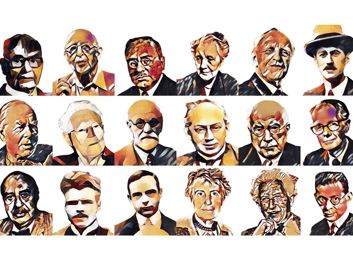 six by three grid of pioneering psychoanalysts pictured in a painted style