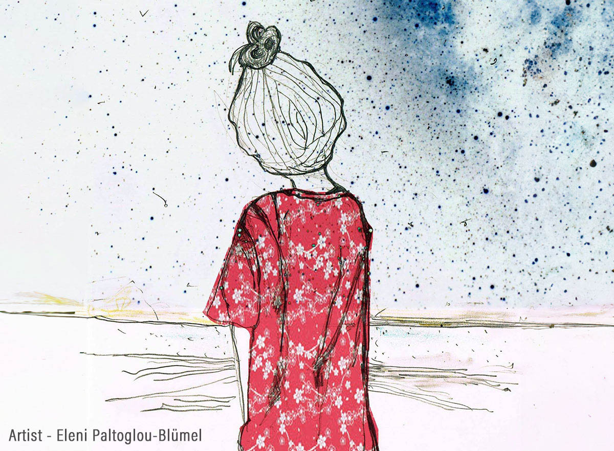woman in solitude walking through a lonely vista_-_Eleni_Paltoglou-Blümel painting